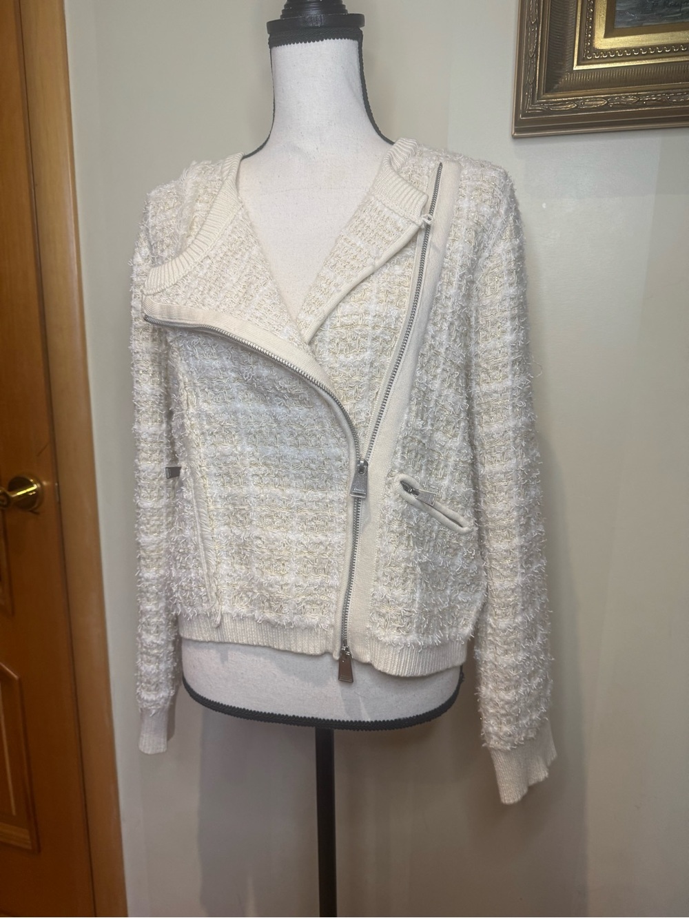 Jonathan Simkhai Women’s Ivory Bouclé Zip-Front Bomber Jacket Sz XL